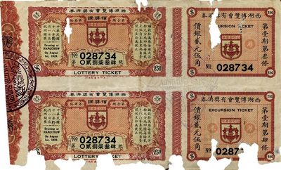 民國十八年（1929年）杭州·西湖博覽會有獎游券貳元伍角共2枚聯體，此為獎券與游覽券結合為一體，形制新穎，少見，有破損，五成新