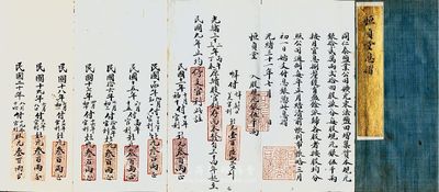 光緒三十一年（1905年）同仁泰鹽業(yè)公司（恒貞堂）燙金息折1本，由恒貞堂入股規(guī)銀伍千兩計壹股，付息狀況至1931年；該公司乃清末狀元張謇創(chuàng)辦于啟東呂四，資本總額銀12萬兩，分作24股；罕見，八成新