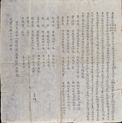 咸豐三年（1853年）“公議夥約”1份，內中詳細記載米善掦(出錢450千文為壹股)、焦延年(出錢468千文為壹股零肆毫)、董錫齡(出錢135千文為叁厘)、王善職(出錢990千文為貳股貳厘)4人合資購地建房，另有幫錢文者5人、監工2人亦有分房作為分紅，并開列公議約定；此夥約為第“壹號”，也可謂是目前發現最早的房地產開發建設股份合約，值得珍視和推介，七五成新