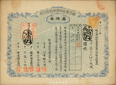 明治廿九年（1896年）株式會社伏見商品取引所（即交易所股票），壹株券金貳拾圓，八成新