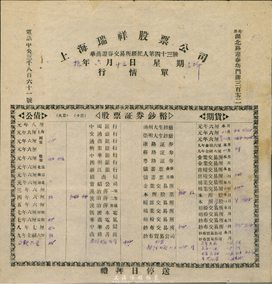 民國拾年（1921年）上海瑞祥股票公司行情單，該公司為華商證券交易所經紀人第43號，票上印有各種公債、股票證券及期貨行情；此種最早期的證券業行情單存世極為罕見，值得研究和珍視，八成新