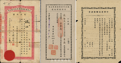 上海老股票3種，詳分：1944年九豐搪瓷鋼精廠股份有限公司股款收據(jù)，伍佰股計中儲券伍千圓；1944年福利實業(yè)股份有限公司股款臨時收據(jù)，壹萬股計國幣壹拾萬圓；中華書局轉(zhuǎn)股證書，未填用；六至八五成新