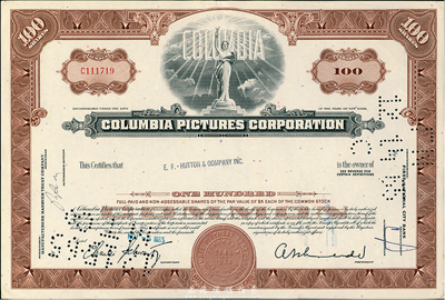 1965年（美國）哥倫比亞電影公司股票，定額100股，票上印有其特色的“自由女神”標志圖；八五成新