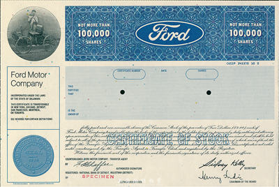 1970年左右（美國）福特汽車公司股票樣本，面額限定在10萬股內，上印Ford標志和該公司第一輛汽車圖；海外藏家出品，源于美國印鈔廠檔案，雕刻版印刷，全新