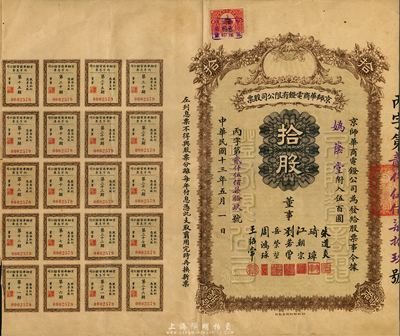 民國十三年（1924年）京師華商電燈有限公司股票，拾股計伍百圓，票上董事有江朝宗(曾任北京步兵統領)、劉若曾(清末司法大臣)、周鴻球(原北京大清銀行經理)等，附帶有息票，海外藏家出品，少見，八成新