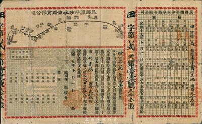 民國(guó)十九年（1930年）民辦開(kāi)平沙水車路有限公司股票，叁拾叁股計(jì)壹百陸拾伍元，附帶有息單，票上印有公路路線圖，少見(jiàn)，背有小貼補(bǔ)，七成新