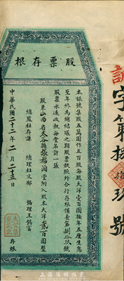 民國(guó)二十二年（1933年）太谷公集誠(chéng)記（銀號(hào)）股票存根，計(jì)股本大洋貳百圓，該銀號(hào)之正式股票尚未見(jiàn)面世，七成新