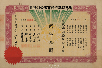 民國三十二年（1943年）通易信托股份有限公司股票，壹股計國幣拾圓，其承購股東潘志銓氏出身買辦世家，為上海著名小開，曾任怡和洋行買辦，家族顯赫一時；八五成新