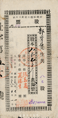 民國(guó)三十八年(1949年)松樹區(qū)趙店村民合作社股票，87股計(jì)87萬(wàn)元，背面規(guī)則中以“東北銀行流通券”為貨幣單位；東北解放區(qū)之老股票，七成新
