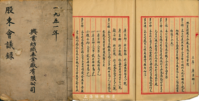 1951年上?！杜d業(yè)紡織五金廠有限公司股東會(huì)議錄》一冊(cè)，內(nèi)中詳細(xì)書寫有公司章程等；該公司資本總額人民幣8000萬(wàn)元，由浙江鄞縣籍唐宋卿、唐宸卿、趙安鈞三人合資，址設(shè)上海鳳陽(yáng)路，專以制造紡織五金用品為業(yè)務(wù)；保存尚可，敬請(qǐng)預(yù)覽