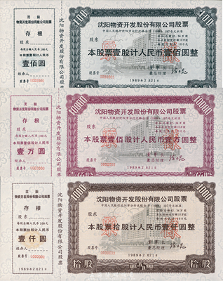 1989年沈陽物資開發(fā)股份有限公司（在深圳上市）股票票樣共3枚全套，詳分：壹股計(jì)人民幣壹佰圓，拾股計(jì)人民幣壹仟圓，壹佰股計(jì)人民幣壹萬圓，內(nèi)均有梅花水印，全新