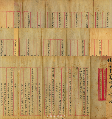 光緒三十二年（1906年）四川“籌餉局”呈文一件，乃籌餉局支發(fā)所委員即用知縣恒善、補(bǔ)用知縣胡若霖將光緒32年12月分移請(qǐng)籌撥防剿經(jīng)費(fèi)銀兩并一切襍款、及另款存儲(chǔ)節(jié)省平余核扣各營(yíng)湘平截曠、暨扣存練勇像三分平銀兩各數(shù)目開(kāi)呈憲（即四川總督）鑒，內(nèi)容涉及馬邊廳、靖川水師營(yíng)、督署衛(wèi)隊(duì)、巡防中軍、右軍、前軍、建昌鎮(zhèn)提督、成都府、振威軍警察局、新威營(yíng)、精銳營(yíng)、洋火藥所、軍醫(yī)學(xué)堂等等，內(nèi)容多得難
