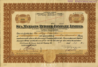 1947年Sua Manggis(蕭曼奇士)橡膠公司股票，面額1000股（每股銀1兩），票上有水?。辉摴咀?cè)于香港，而股票在上海發(fā)行，由華人史天和氏承購，背面有中文記錄戶名信息及該公司已閉歇等情形；八成新