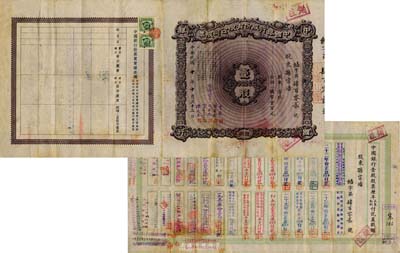 民國十年（1921年）中國銀行股份有限公司股票，壹股國幣壹百元，北平分行發(fā)行，票上由常務(wù)董事李銘、張嘉璈、馮耿光、宋子文、陳光甫簽名，背面流通狀況明顯，兌付股息至1965年，且兌付地包括北平、上海、天津等，亦證明中行股票可在全國各分行領(lǐng)息；少見，近八成新