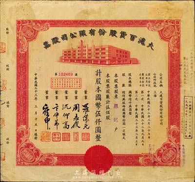 民國三十三年（1944年）大滬百貨股份有限公司股票，紅色伍佰股計國幣伍仟圓，票上董事周志俊乃北洋政府財政總長周學熙之次子；七五成新