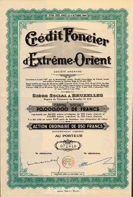 1944年義品放款銀行股票，綠色普通股250法郎，票上有天津英文地名，法國藏家出品，八五成新