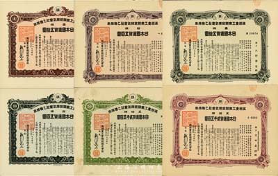 康德五年（1938年）滿洲重工業開發株式會社乙種株券共6枚全套，詳分：壹株五拾圓紫色券、綠色券2種，拾株五百圓紫色券、綠色券2種，五拾株貳千五百圓紫色券、綠色券2種，均有水印，八至九成新