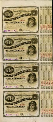 1886年美國路易斯安那州5元聯體債券共4枚一版，少見且圖案精美，美國藏家出品，八五成新
