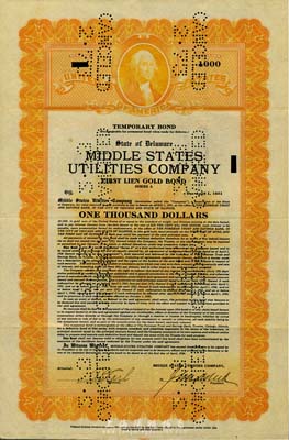 1926年美國中東公用事業公司第一次黃金債券1000美元，上印華盛頓像，八成新
