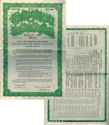 民國二十三年（1934年）上海市市政公債壹百元，正面英文，背面有中文，由上海市市長吳鐵城簽名；英國藏家出品，少見，八成新