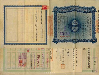 民國六年（1917年）中國銀行股份有限公司股票，伍股國幣伍百元，由常務董事錢新之、葉琢堂、孔祥熙、宋子文、宋漢章、馮耿光、陳光甫簽名，背面流通狀況明顯，兌付股息至1965年，少見，八成新（背附1952年中國銀行股票登記證1張）