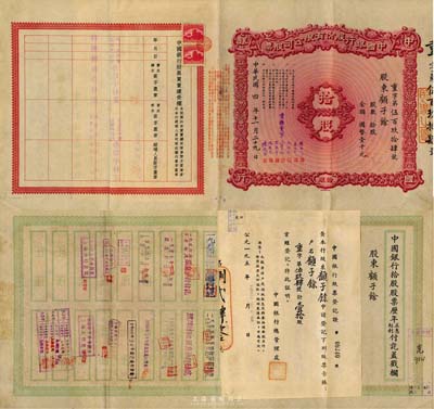 民國四年（1915年）中國銀行股份有限公司股票，拾股國幣壹千元，由常務董事錢新之、葉琢堂、孔祥熙、宋子文、宋漢章、馮耿光、陳光甫簽名，背面流通狀況明顯，兌付股息至1965年，少見，八五成新（背附1952年中國銀行股票登記證1張）
