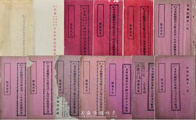 民國至解放初期“上海永安紡織股份有限公司”年結冊、決算報告書共13冊不同，分別發行于1922至1925年各1冊、1927年1冊、1930至1936年各1冊、1950年1冊，內中詳細記載有報告書、資產負債對照表、損益表、純利分配表、產業一覽表等，對研究永安系實業極具實物史料價值，保存尚佳，敬請預覽和重視