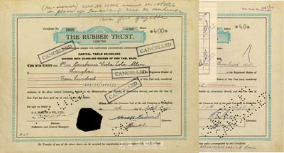 1941年Rubber Trust(橡膠信托)公司股票共2種不同，面額分別為40股、400股(每股規銀1兩)，該公司注冊于香港，其股票在上海發行；均打洞注銷，八成新