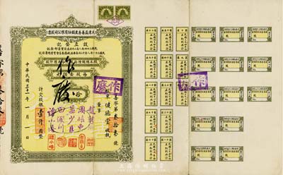 民國三十一年（1942年）天津益善房產股份有限公司股票，拾股計股銀壹仟圓，附帶有息票，票上董事譚小培氏出身京劇世家，為譚派第一人；八成新