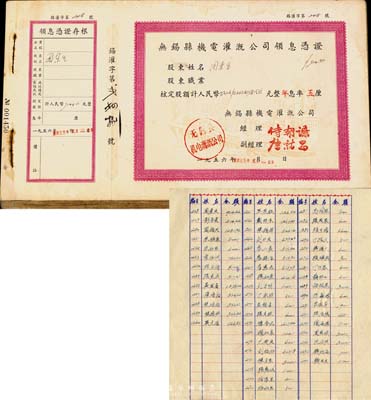 1956年無錫縣機(jī)電灌溉公司領(lǐng)息憑證1冊共50張，附帶有存根，且有列表注明所有股東姓名及金額；整冊者甚為少見，八至九成新