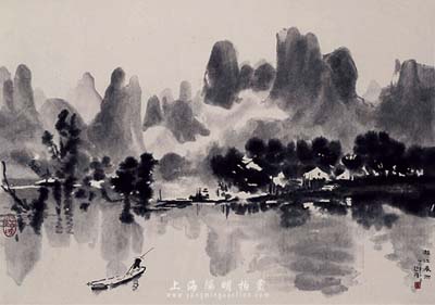 徐悲鴻《漓江春雨》山水卷軸書畫一件，屬50年代榮寶齋木板水印，保存極佳，敬請預覽