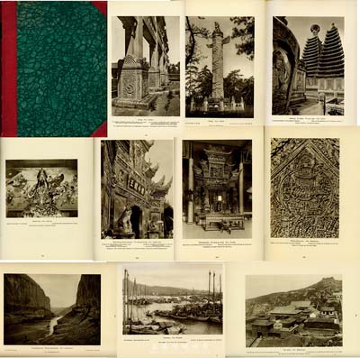1926年德國原版《中國的建筑與景觀》（德文版）精裝版1冊，由德國建筑師恩斯特.柏石曼走遍中國12個省，行程數萬里，拍下了數千張皇家建筑、宗教建筑和代表各地風情的民居等照片，內有二十世紀初存世的中國古塔、萬里長城、故宮、西湖以及西安、山西、江蘇等各地明清古建筑及內部陳列照片288幅，按照不同的省份不同的建筑分類，書前25頁為文字說明，后為圖片，配英、法、德及韋氏拼音說明，圖文并