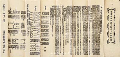宣統(tǒng)三年（1911年）商辦廣澳鐵路有限公司招股簡章一份，內列有詳細章程及附列公司預算表、發(fā)起人、贊成員等信息；八成新