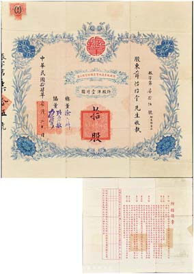 民國拾肆年（1925年）包頭振業(yè)房地實業(yè)股份有限公司股票，拾股計股洋壹仟圓，上印嘉禾花卉圖，形制精美；罕見，八成新