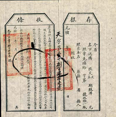 光緒年（1907年）農(nóng)工商部奏辦·京師自來水有限公司股票收條，未填用附帶有存根，八五成新