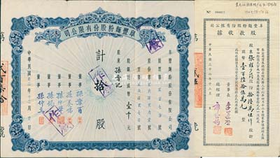 阜豐面粉股份有限公司股票2種，詳分：1943年股票拾股計國幣壹千元，正中印有地球圖；1947年股款收據，拾陸萬伍仟股計壹百陸拾伍萬元；八成新