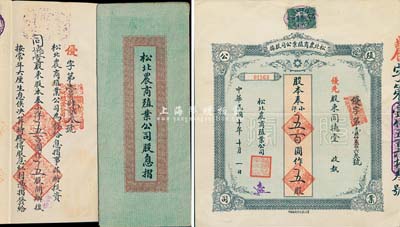 民國十年（1921年）松北農商殖業公司股據，優先股五股計奉小洋五百圓，附帶有息摺，八五成新