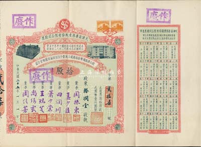 民國二十五年（1936年）天津益善房產股份有限公司股票，拾股計國幣壹仟圓，附帶有息單；票上董事乃是周信芳等京劇名角和票友等，八成新