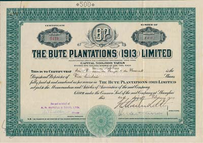 1940年英商Bute種植園公司股票，面額500股（每股銀1兩），該公司注冊于香港，而股票發行于上海，也許曾與橡皮股票風潮相關；八成新