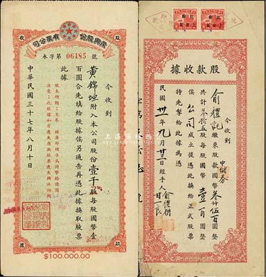 民國股據(jù)2種，詳分：1942年無名稱之待建公司股款收據(jù)，叁拾五股計中儲券叁仟伍百圓；1948年永興股份有限公司股款收據(jù)，面額壹千股（每股國幣壹百圓），背面付息狀況至1966年；七至八成新