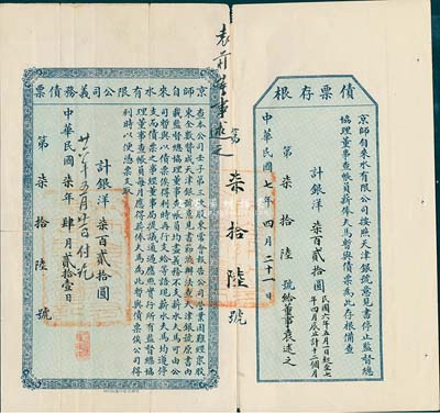 民國柒年（1918年）京師自來水有限公司義務債票銀洋柒百貳拾圓，由董事袁述之（袁世凱堂弟，曾任蒙藏銀行經理，南開大學之重要捐款者）所執有，附帶有存根，八成新