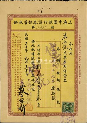 民國二十年（1931年）上海中國銀行證券保管收條，內中保管“二十年鹽稅庫券千元券”80張，此種收條對研究民國時期證券保管制度頗有裨益，八成新
