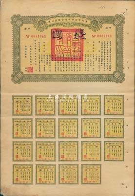 民國(guó)二十九年（1940年）濟(jì)南市公署水道管理處公債甲種壹圓，由濟(jì)南市市長(zhǎng)朱桂山簽署，附帶完整息票，八成新