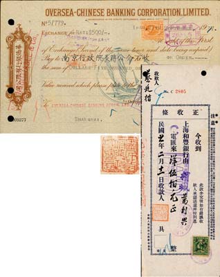 抗戰(zhàn)匯票2種，詳分：1932年上海和豐銀行正實收，由檳城華僑電匯洋伍佰元給十九路軍蔡廷鍇將軍，藉以支持淞滬抗戰(zhàn)，票上蓋有“蔡廷鍇印”；1937年華僑銀行匯票500元，匯給南京行政院長蔣介石，背蓋“國民政府行政院院長印”；此乃南洋華僑支援祖國抗戰(zhàn)之歷史實證，值得珍視和推重，八成新