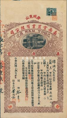 民國十貳年（1923年）廣州東山·嘉南堂置業(yè)有限公司漲股單（即股票），漲股銀貳拾叁元；嘉南堂乃廣州著名地產(chǎn)商，其建造的新華大酒店、新亞大酒店被公認是廣州最大、最豪華的騎樓建筑；少見，八成新