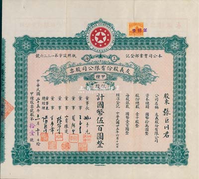 民國二十五年（1936年）上海·友義股份有限公司股票，甲種伍股計(jì)國幣伍百圓，其號碼為“第11號”，票上承購股東張巨川乃張石川之弟，且為該公司董事兼總經(jīng)理；而票上董事周劍云、張石川均為中國第一代電影導(dǎo)演；八成新