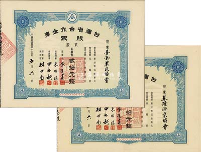 1954年臺(tái)灣省合作金庫(kù)股票共2枚，均為貳股計(jì)新臺(tái)幣貳拾元，票上股東分為臺(tái)南農(nóng)民協(xié)會(huì)和基隆漁業(yè)協(xié)會(huì)，九五成新
