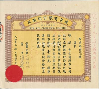 1971年（香港）建業(yè)有限公司股票，壹仟股計(jì)港幣壹拾萬(wàn)圓，附帶有存根，八成新