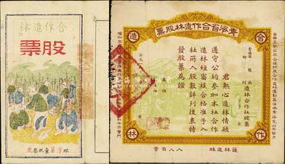 1951年青海省合作造林股票共2種不同，圖案美觀，其中1枚印有“自愿互助公平合理開(kāi)展合作造林運(yùn)動(dòng)為消滅青海荒山而努力，增加生產(chǎn)反對(duì)浪費(fèi)推進(jìn)抗美援朝工作為保衛(wèi)世界和平而奮斗”及“護(hù)林造林，人人有責(zé)”之宣傳文字；此種股票乃由青海省人民政府農(nóng)林廳所倡導(dǎo)，少見(jiàn)，七五至八成新
