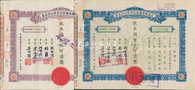 民國叁拾貳年（1943年）信義機器廠股份有限公司股票共2種不同，分別為藍色壹佰股計國幣壹仟圓、紫色伍佰股計國幣伍仟圓，八五成新